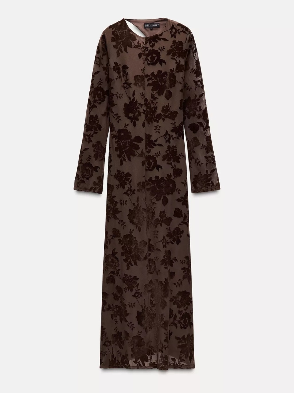 Zara Chocolate Floral Burnout Long Sleeve Maxi Dress with open back